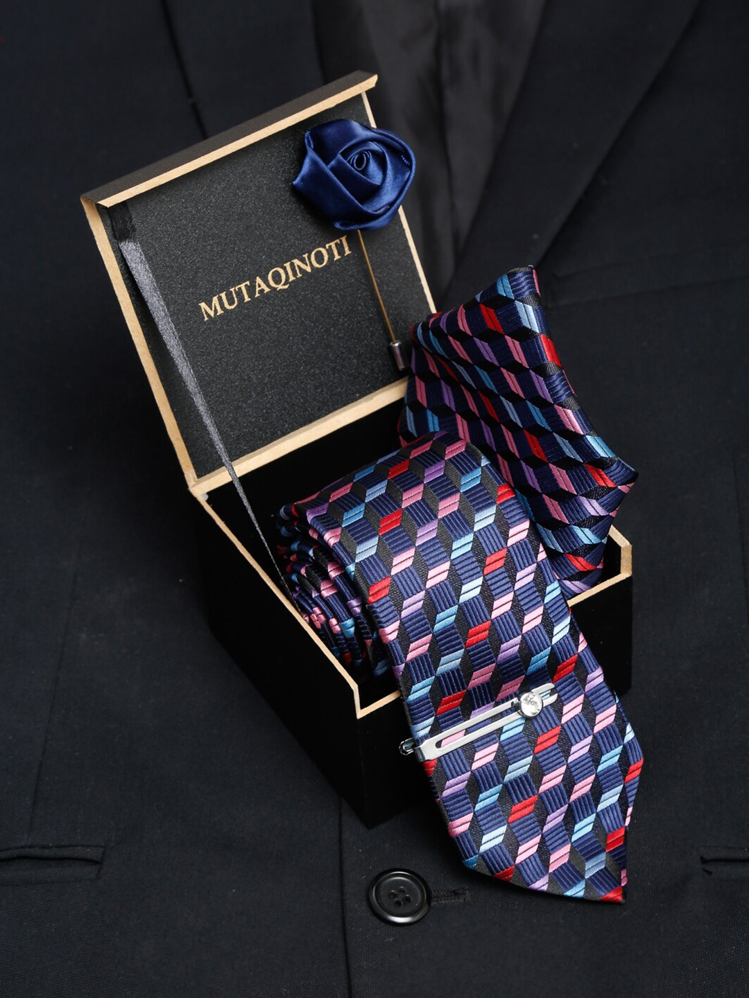 

MUTAQINOTI Men Blue Silk Formal Tie Accessory Gift Set