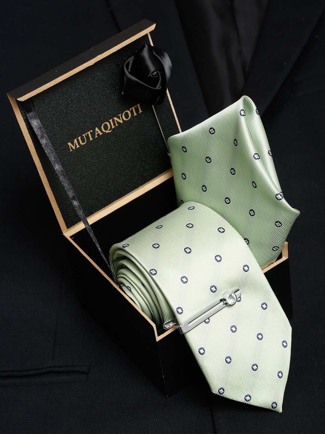 

MUTAQINOTI Men Printed Green & Black Silk Necktie Tie Accessory Gift Set