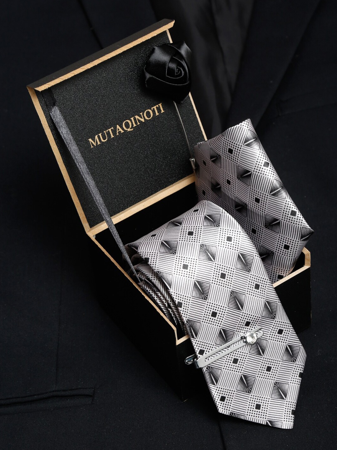 

MUTAQINOTI Men & Black Grey Formal Tie Accessory Gift Set