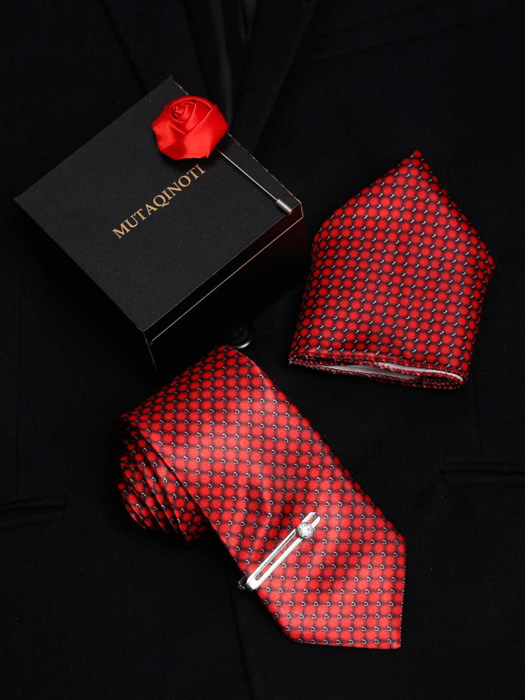 

MUTAQINOTI Men Red Polyester Tie Cufflinks Pocket Square Accessory Gift Set