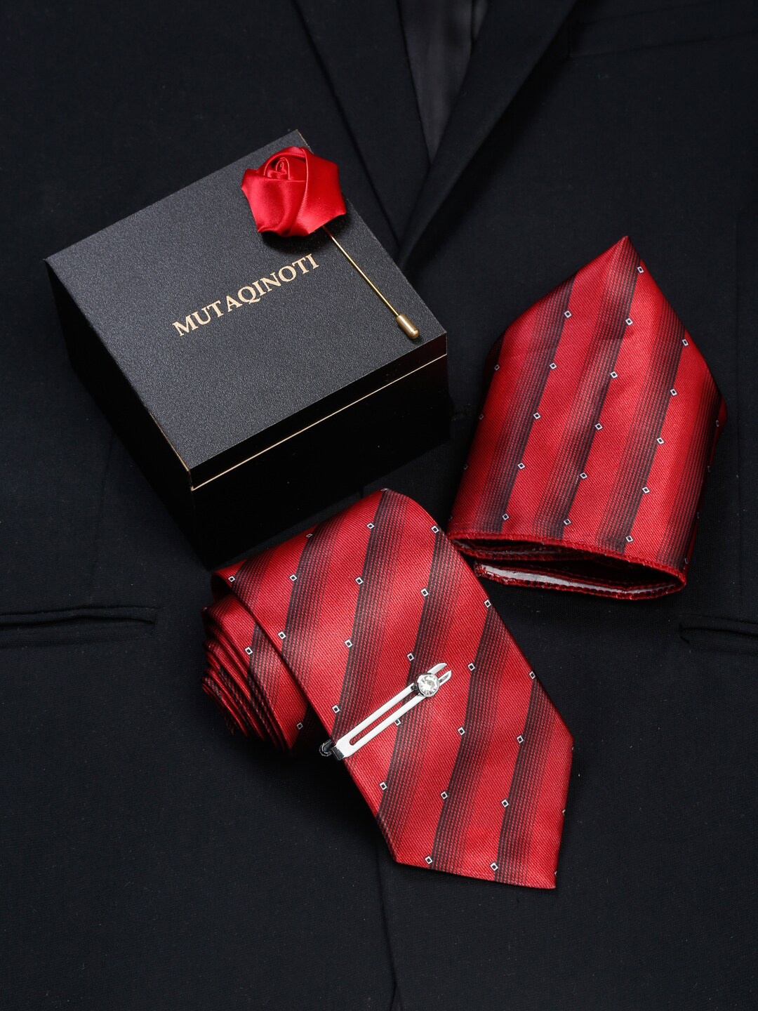 

MUTAQINOTI Men Red Printed Polyester Tie Cufflinks Pocket Square Accessory Gift Set