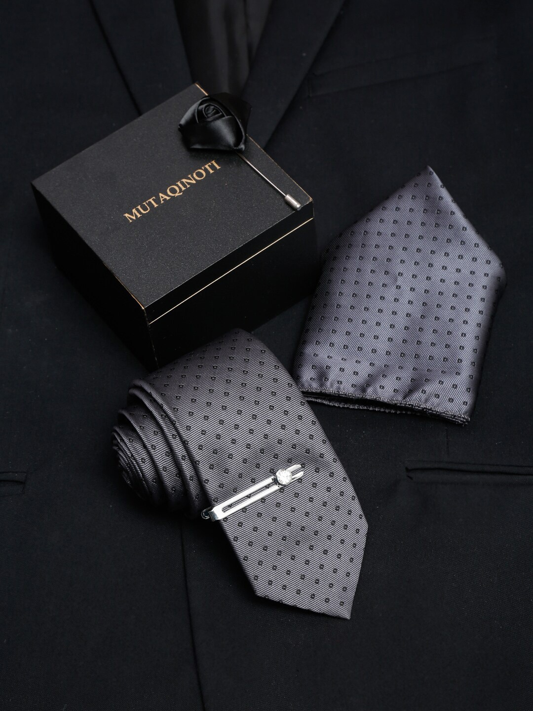 

MUTAQINOTI Men Grey Silk Tie Cufflinks Pocket Square Accessory Gift Set