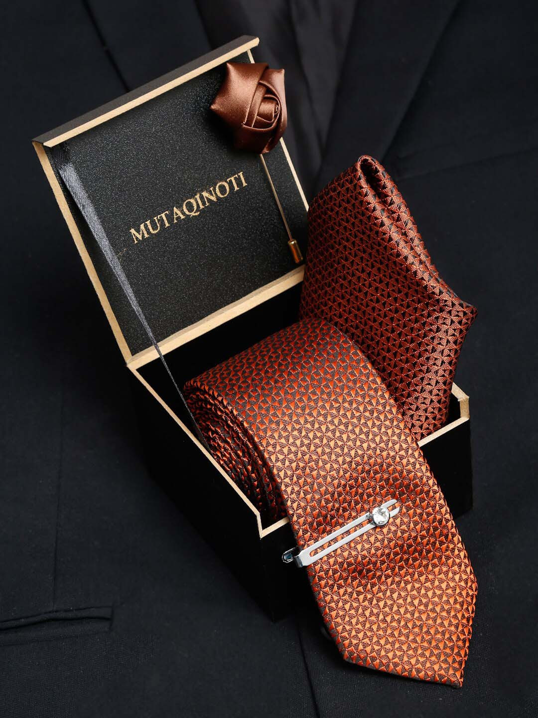 

MUTAQINOTI Men Brown Silk Tie Cufflinks Pocket Square Accessory Gift Set