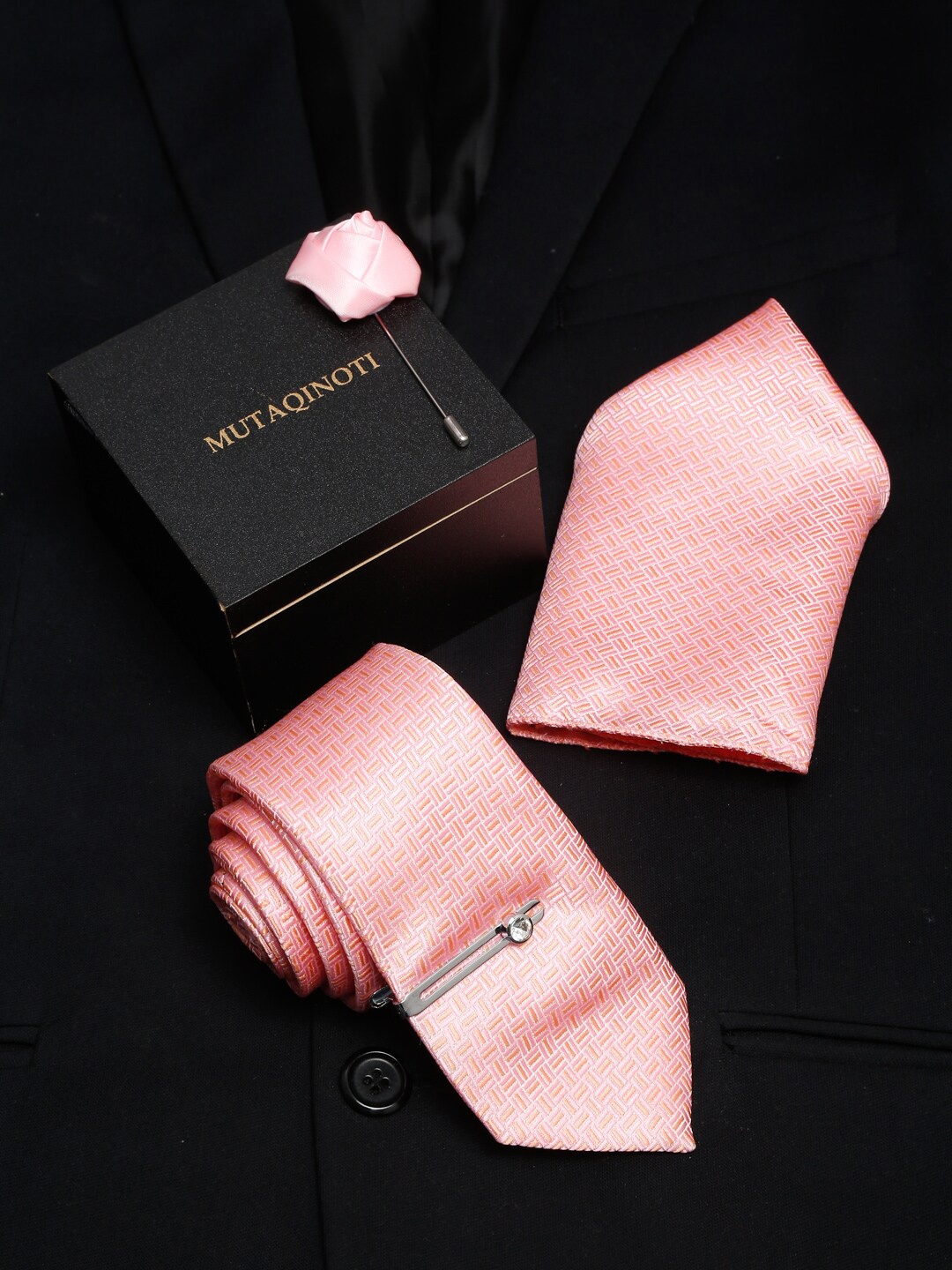 

MUTAQINOTI Men Checked Silk Necktie Accessory Gift Set, Peach