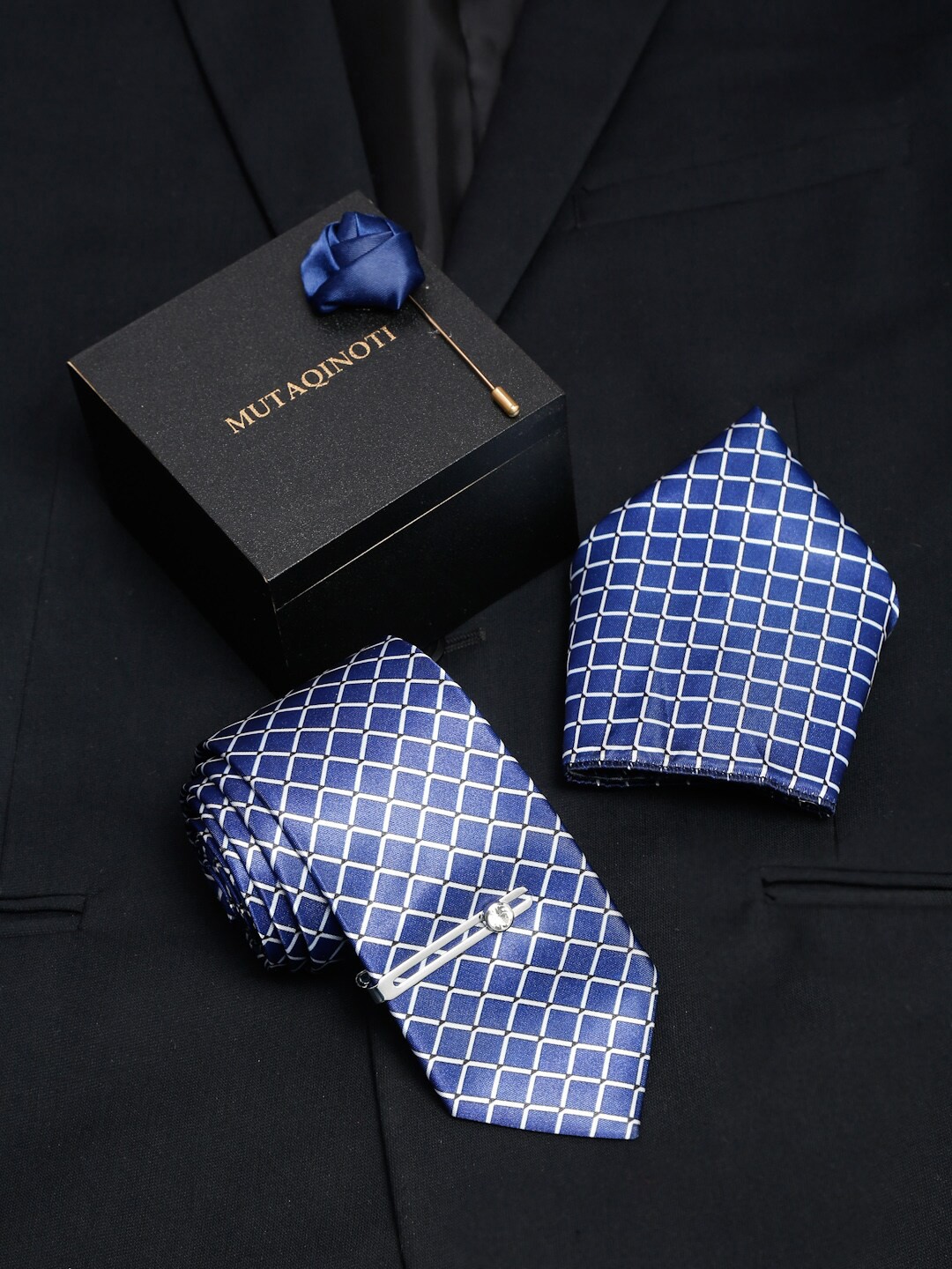 

MUTAQINOTI Men Blue Polyester Tie Cufflinks Pocket Square Accessory Gift Set