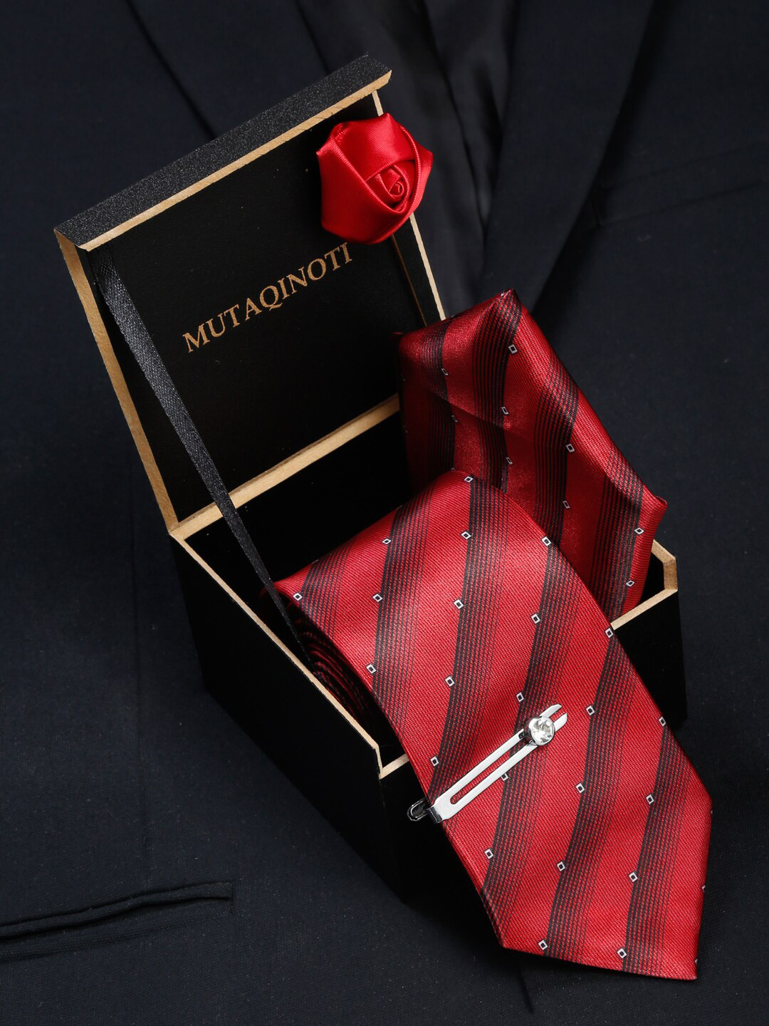 

MUTAQINOTI Men Red Tie & Pocket Square Accessory Gift Set