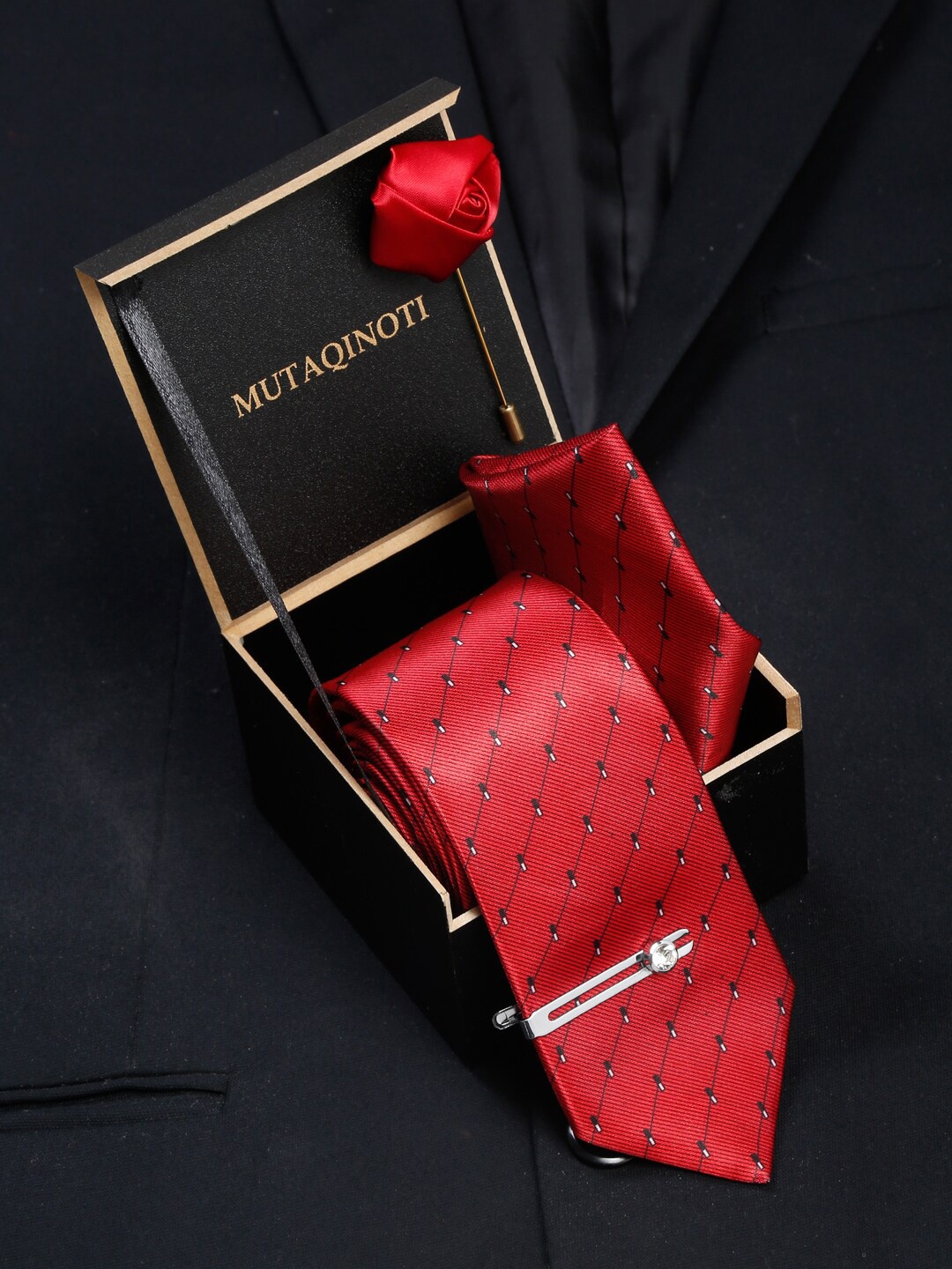 

MUTAQINOTI Men Red & Black Printed Formal Tie Accessory Gift Set