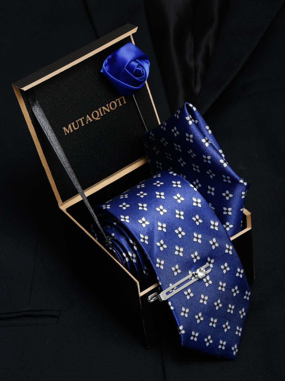 

MUTAQINOTI Men Navy Blue & White Printed Polyester Necktie Tie Accessory Gift Set