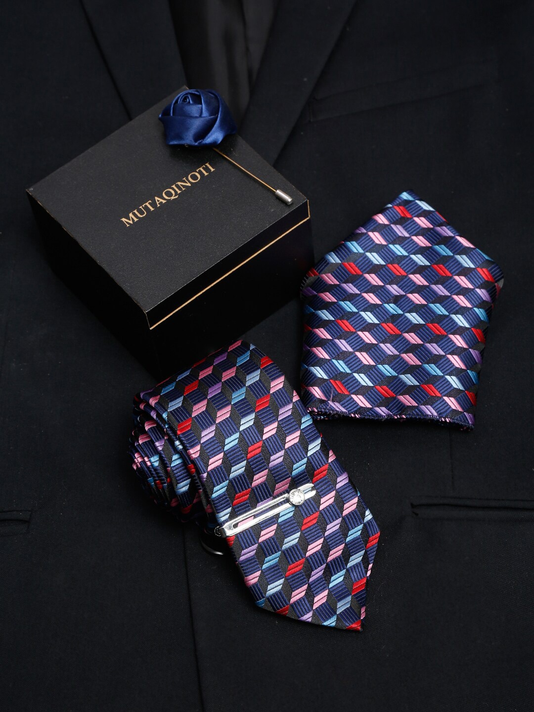 

MUTAQINOTI Men Blue Silk Necktie Pocket Square Brooch Accessory Gift Set