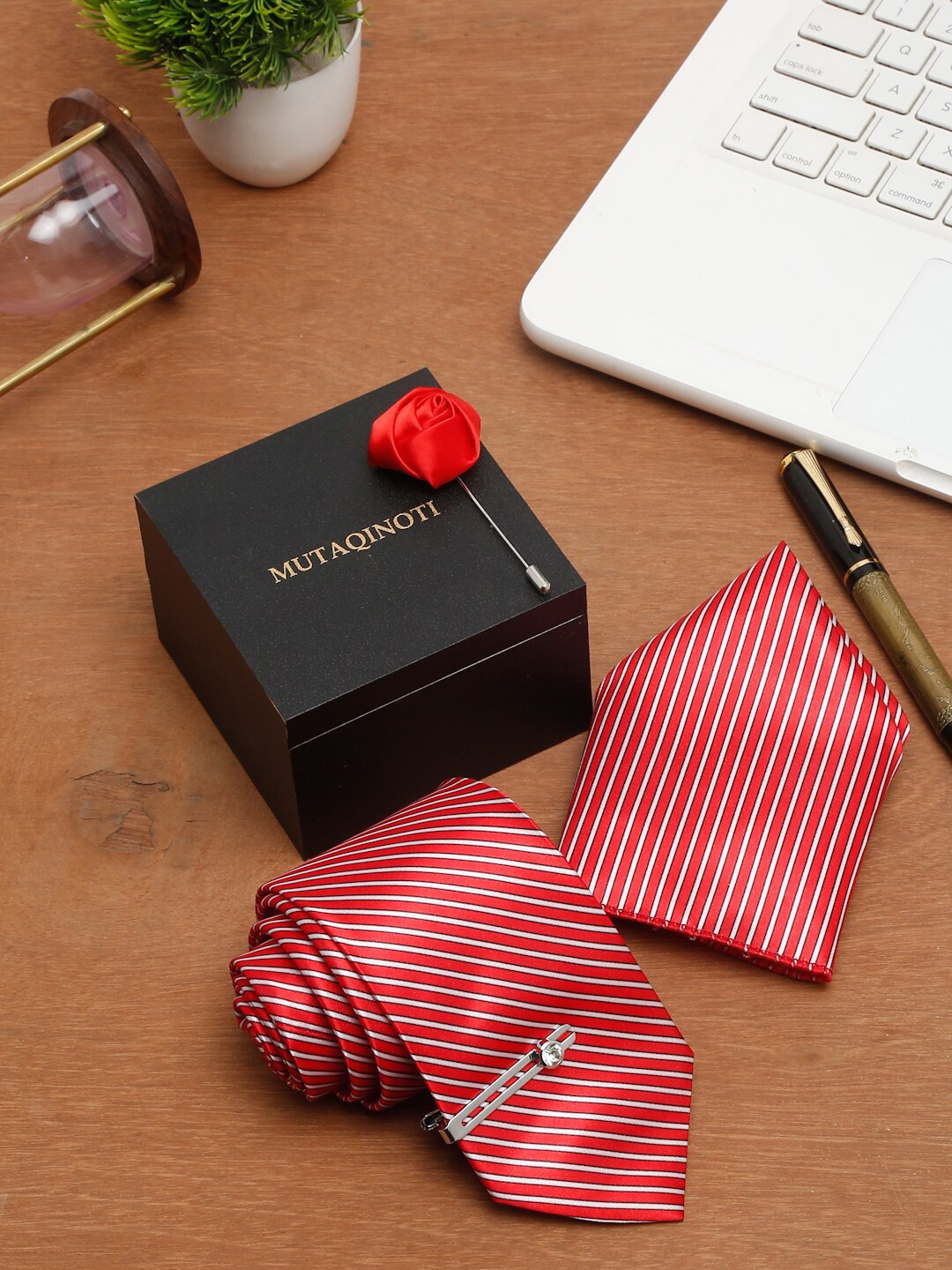 

MUTAQINOTI Men Polyester Formal Necktie Pocket Square Brooch Accessory Gift Set, Red