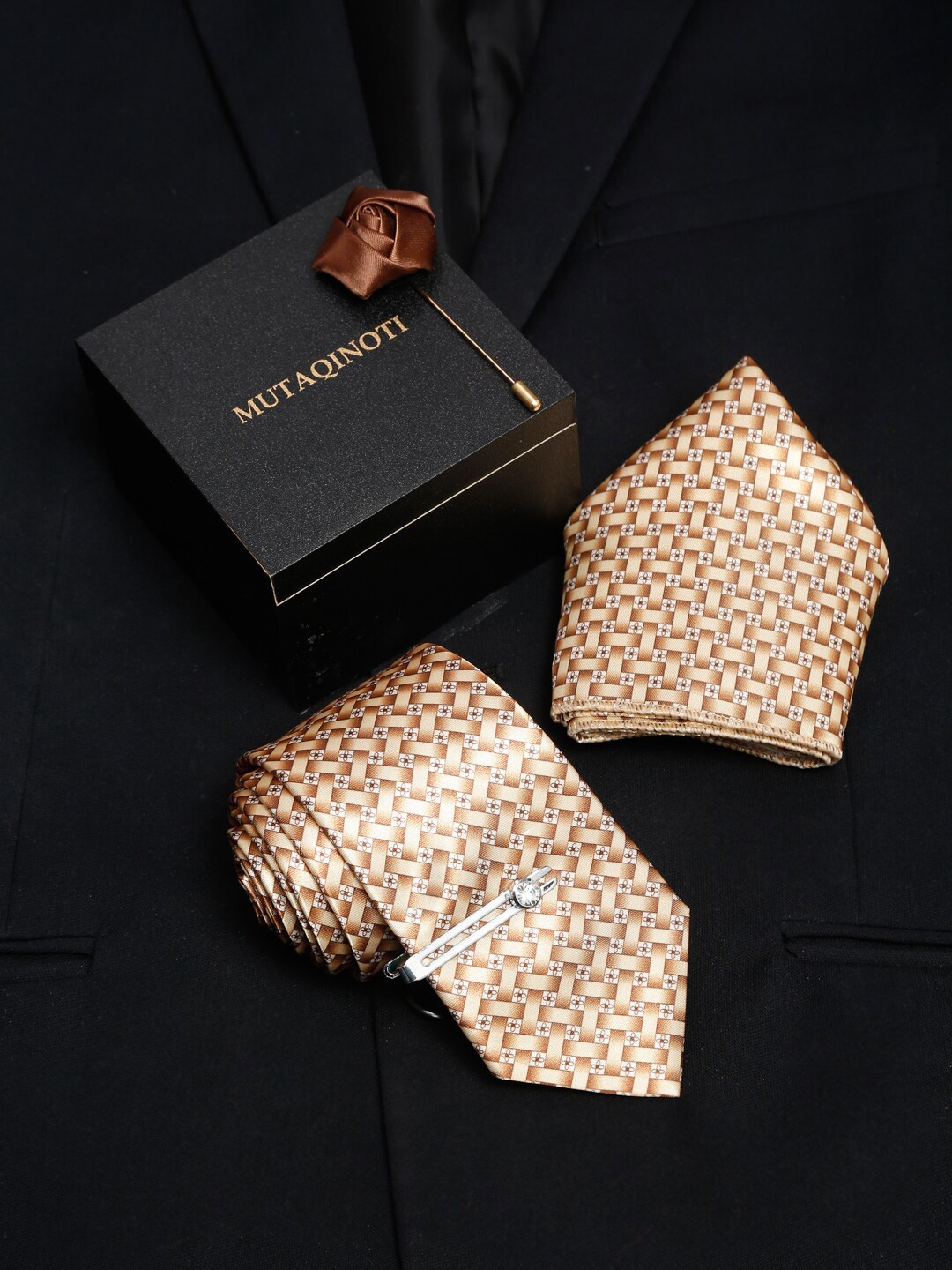 

MUTAQINOTI Men Beige Stripes Formal Tie Accessory Gift Set
