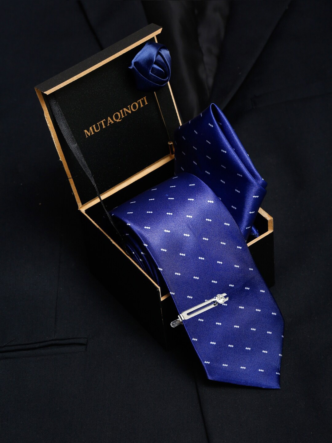 

MUTAQINOTI Men Blue & White Tie Cufflinks Pocket Square Accessory Gift Set