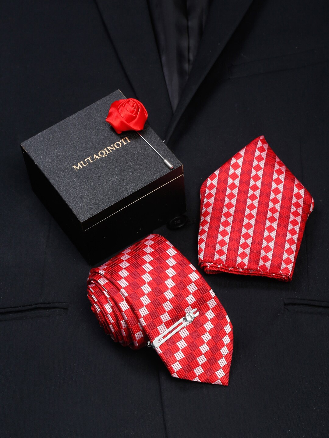 

MUTAQINOTI Men Red & White Checked Formal Tie Accessory Gift Set