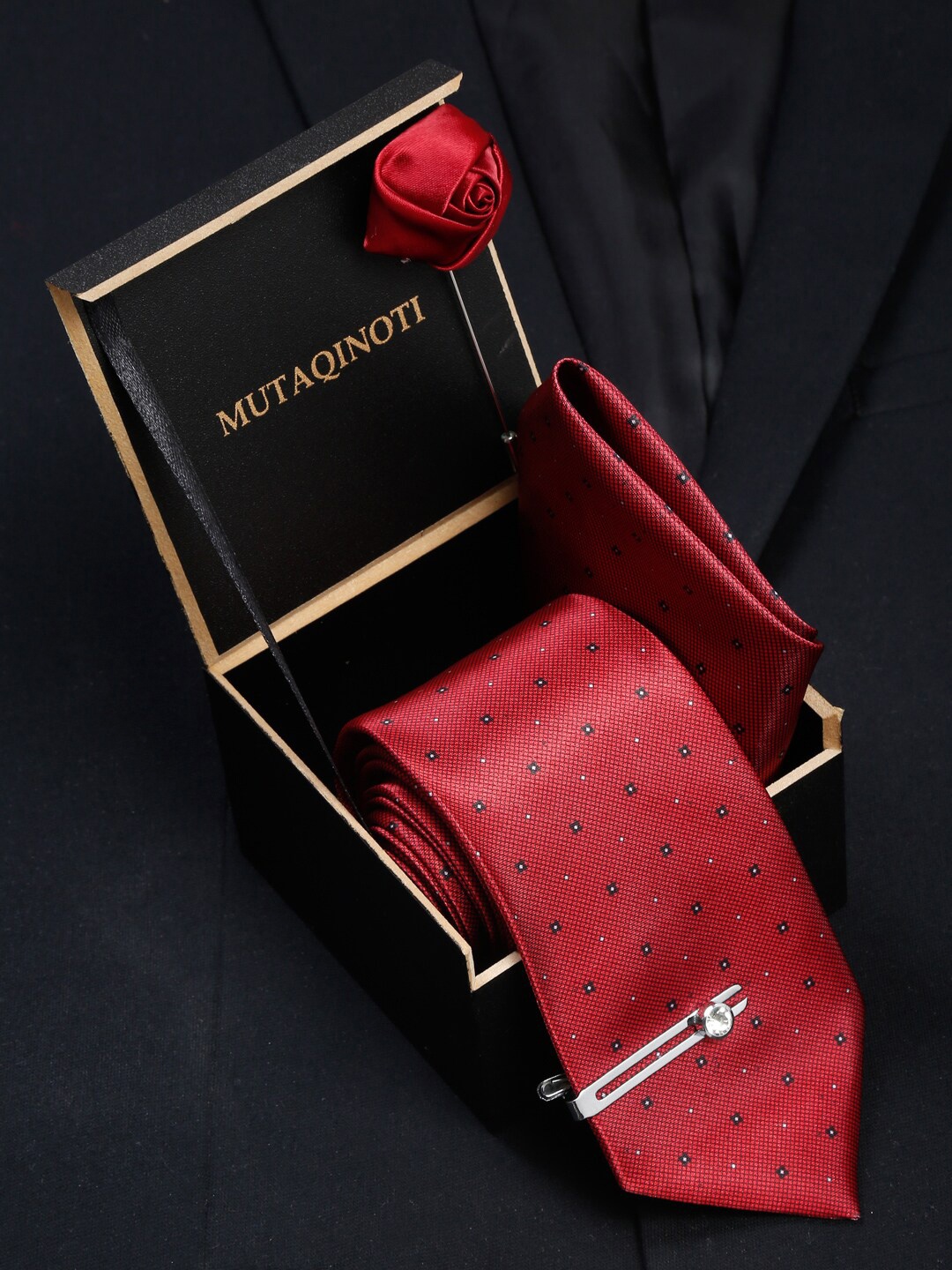 

MUTAQINOTI Men Red & Black Tie & Pocket Square Accessory Gift Set
