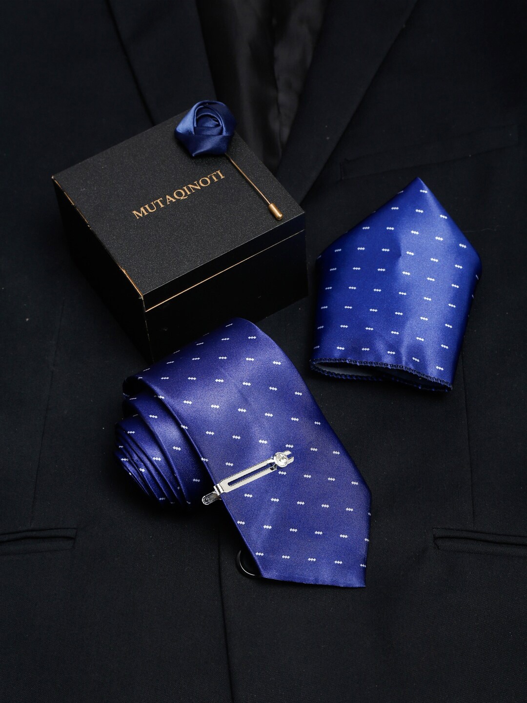 

MUTAQINOTI Men Blue Formal Tie Cufflinks Pocket Square Accessory Gift Set