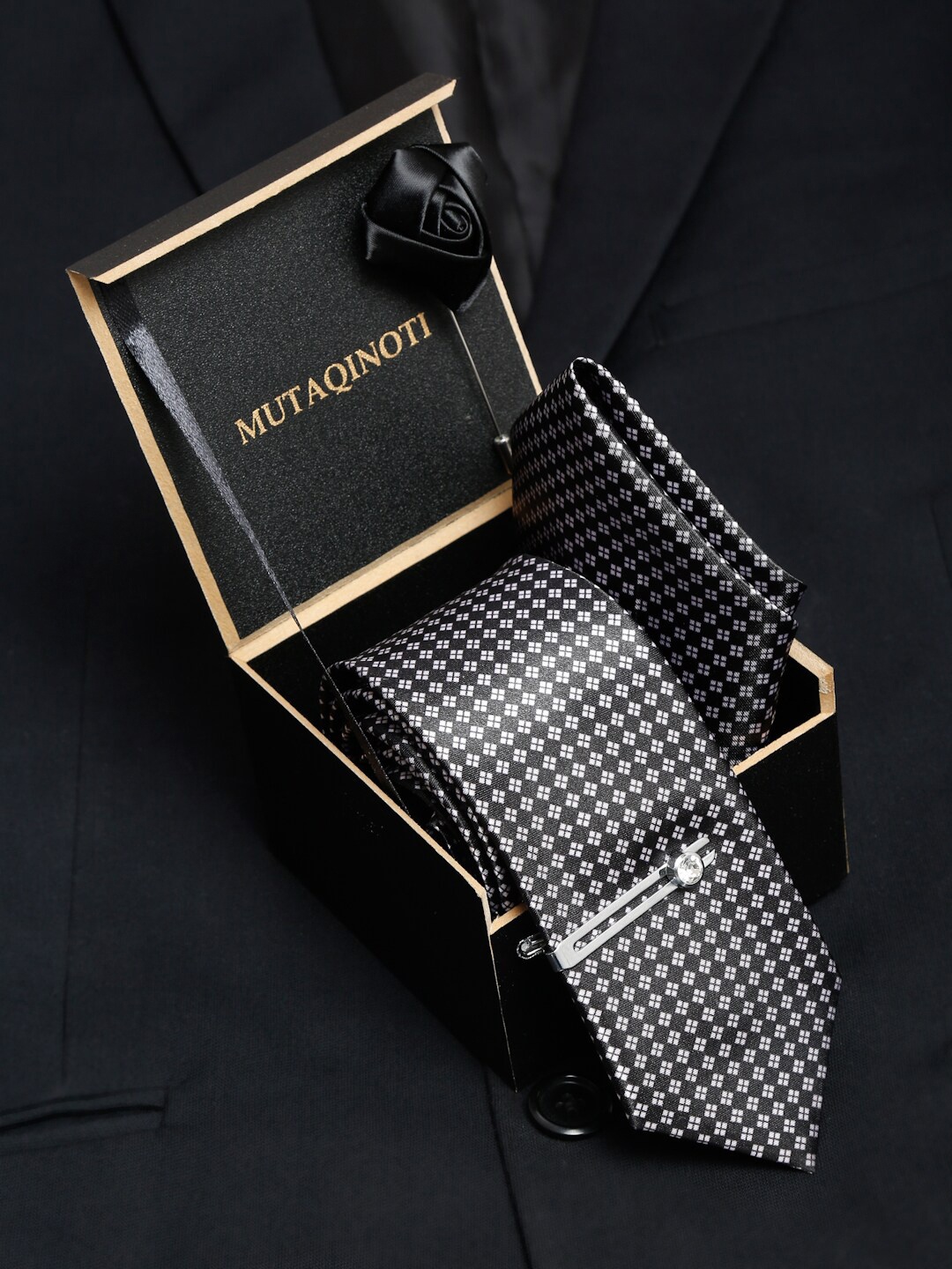 

MUTAQINOTI Men Black Printed Polyester Tie Cufflinks Pocket Square Accessory Gift Set