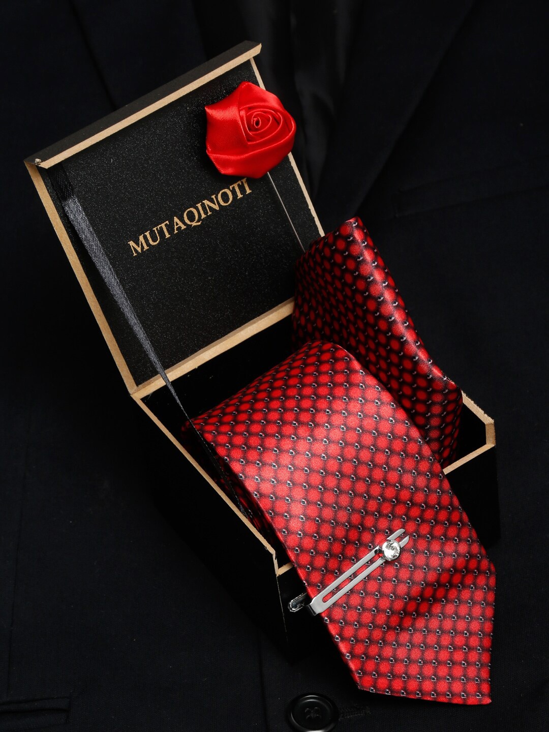 

MUTAQINOTI Men Polyester Necktie Pocket Square Brooch Accessory Gift Set, Red