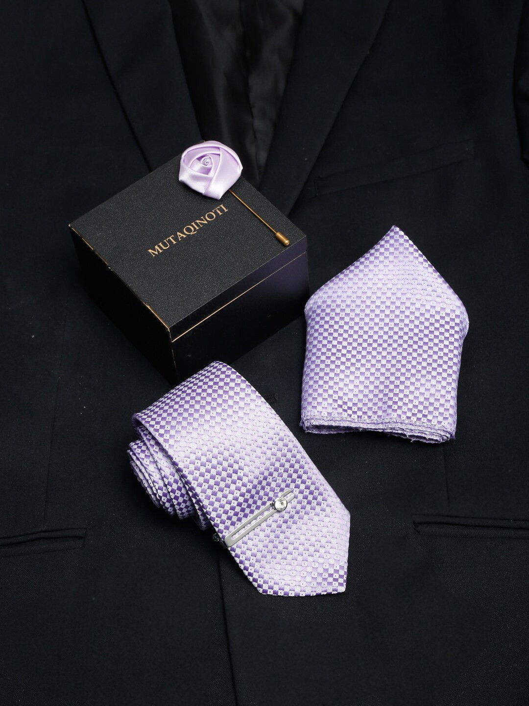 

MUTAQINOTI Men Grey & Purple Checked Silk Formal Tie Accessory Gift Set