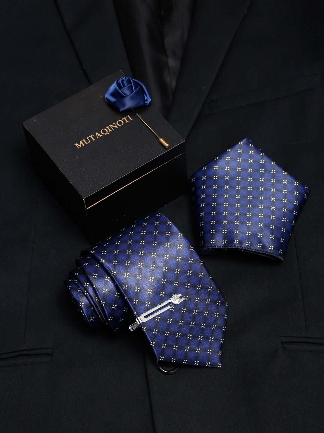 

MUTAQINOTI Men Blue Polyester Formal Necktie Pocket Square Brooch Accessory Gift Set