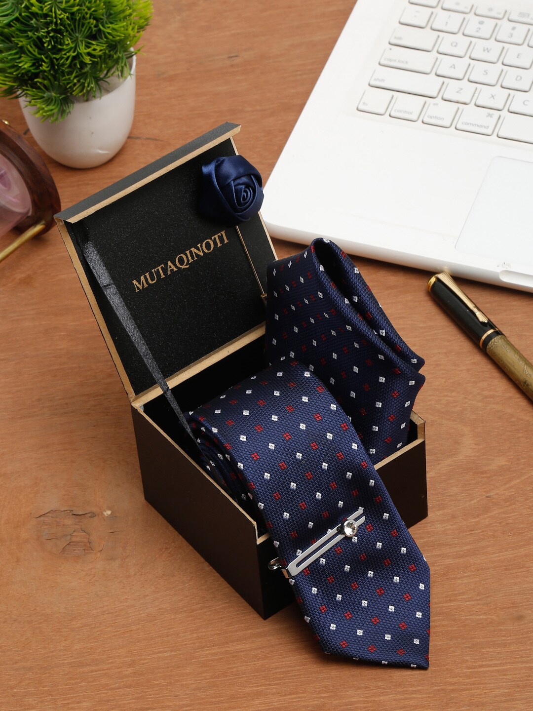 

MUTAQINOTI Men Blue & Red Tie Cufflinks Pocket Square Accessory Gift Set
