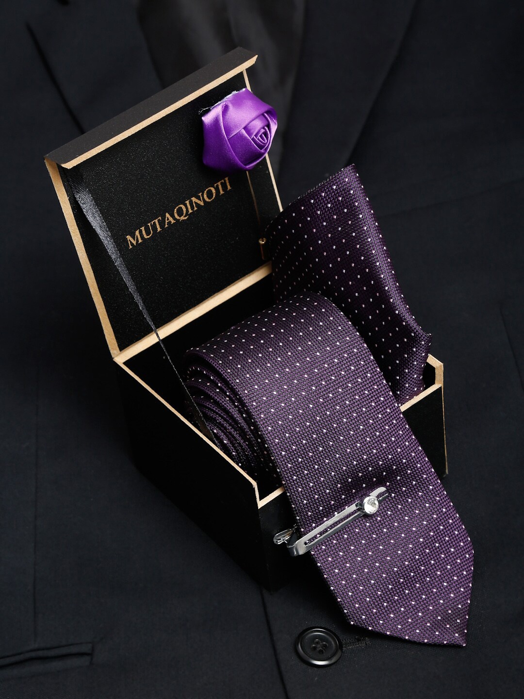 

MUTAQINOTI Men Purple Printed Silk Formal Tie Accessory Gift Set