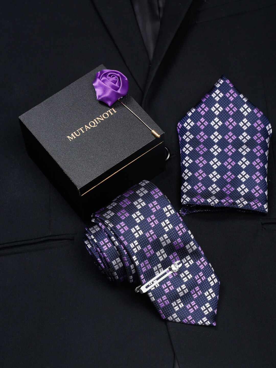 

MUTAQINOTI Men Purple Silk Tie Cufflinks Pocket Square Accessory Gift Set