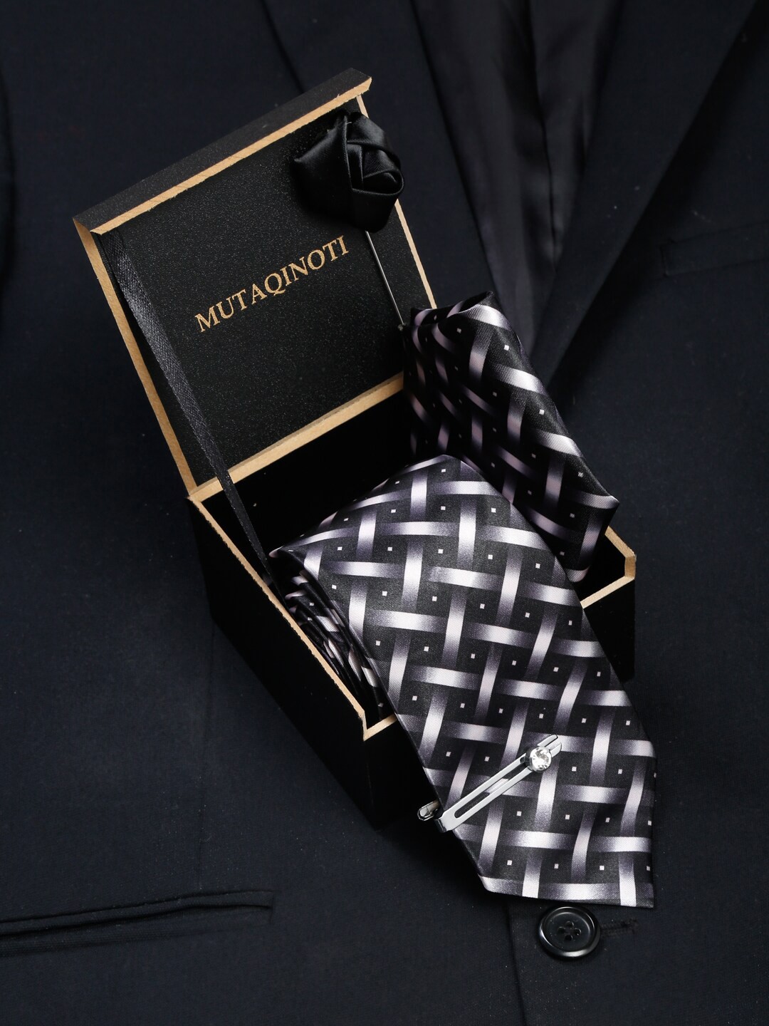 

MUTAQINOTI Men Polyester Necktie Pocket Square and Brooch Accessory Gift Set, Black