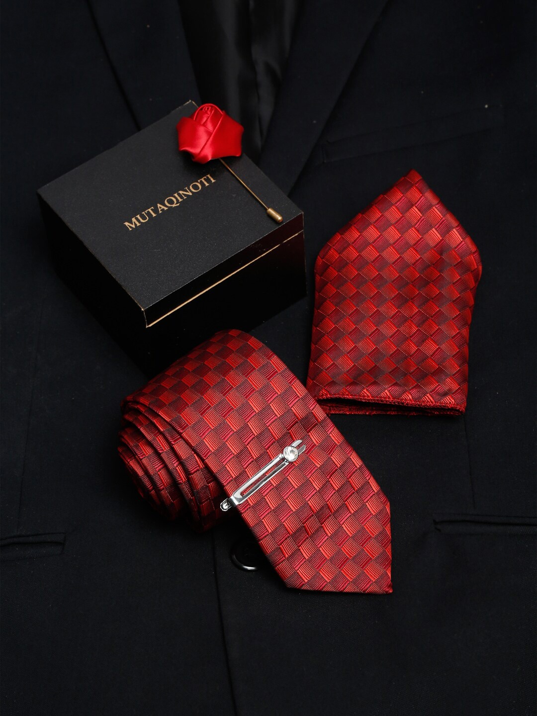 

MUTAQINOTI Men Silk Necktie Pocket Square and Brooch Accessory Gift Set, Red