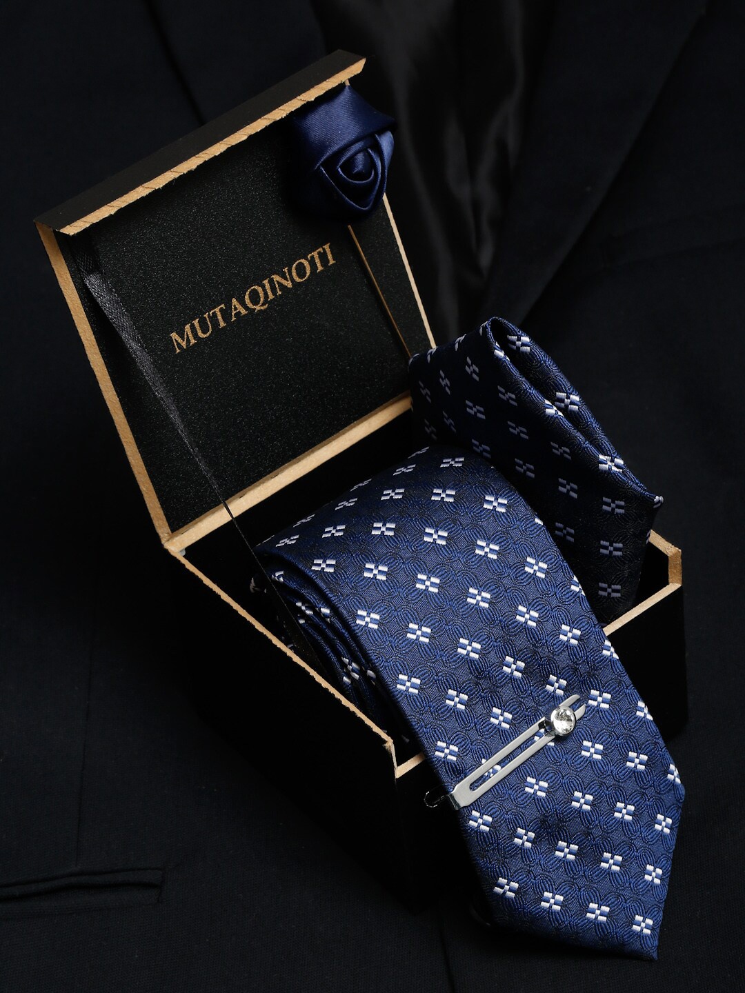 

MUTAQINOTI Men Navy Blue & White Tie & Pocket Square Accessory Gift Set