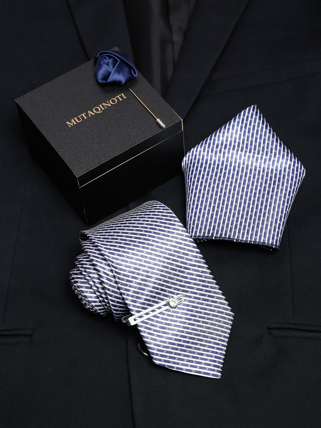 

MUTAQINOTI Men Blue Striped Formal Tie Accessory Gift Set