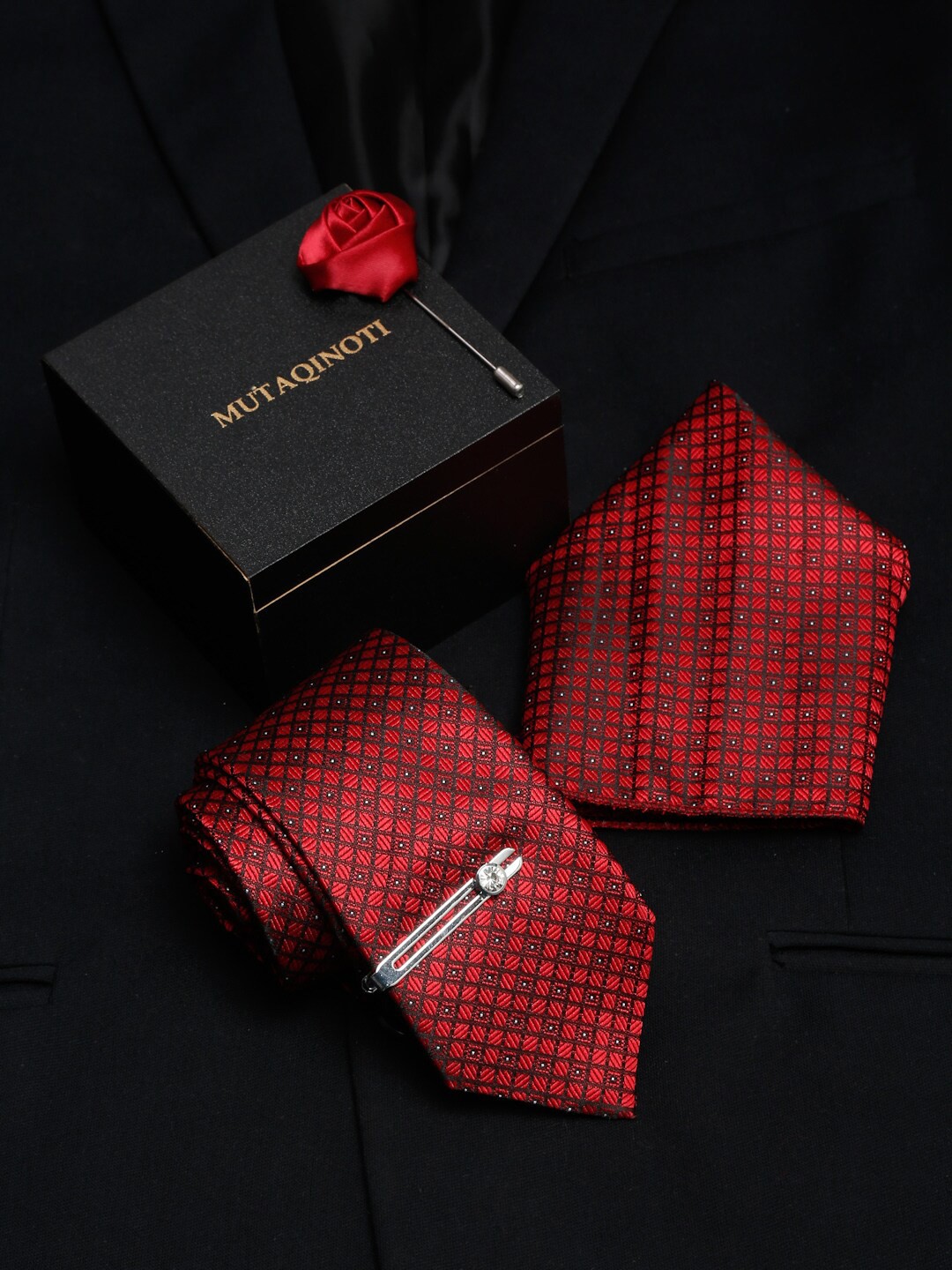 

MUTAQINOTI Men Printed Formal Silk Accessory Gift Set, Red