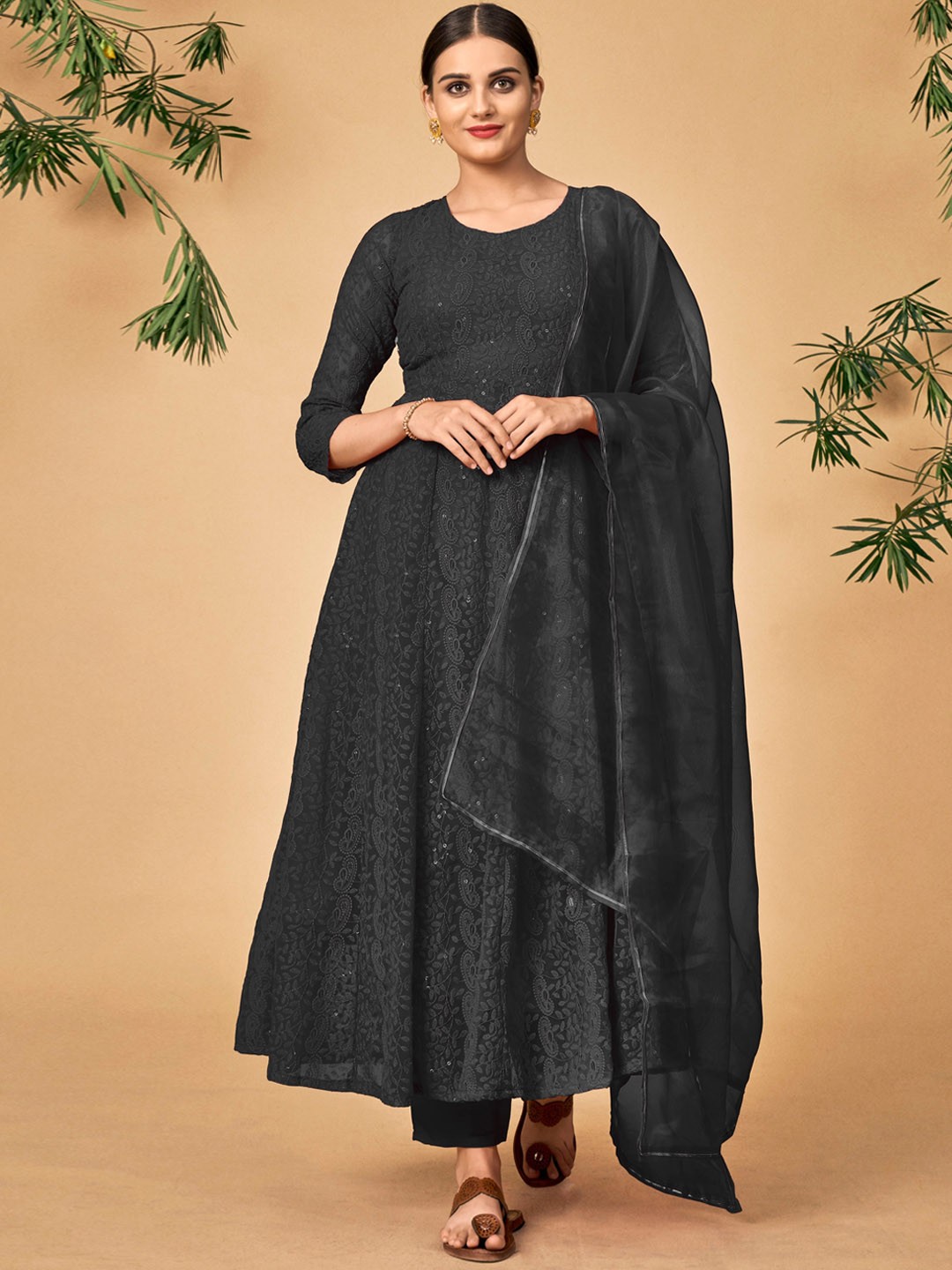 

DRESSTIVE Women Black Floral Embroidered Anarkali Kurta with Trousers & With Dupatta