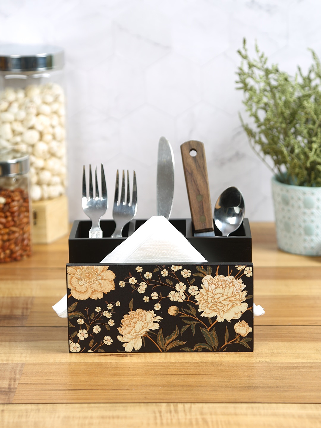 

Reinvention Factory Floral Printed Cutlery Holder, Black