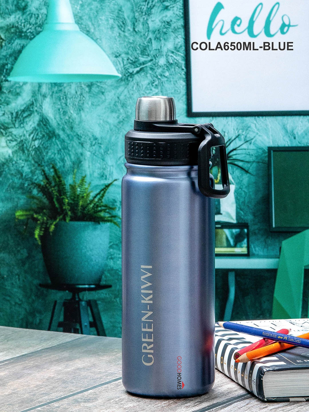 

GOODHOMES Set Of 3 Printed Stainless Steel Water Bottle 650 ml, Blue