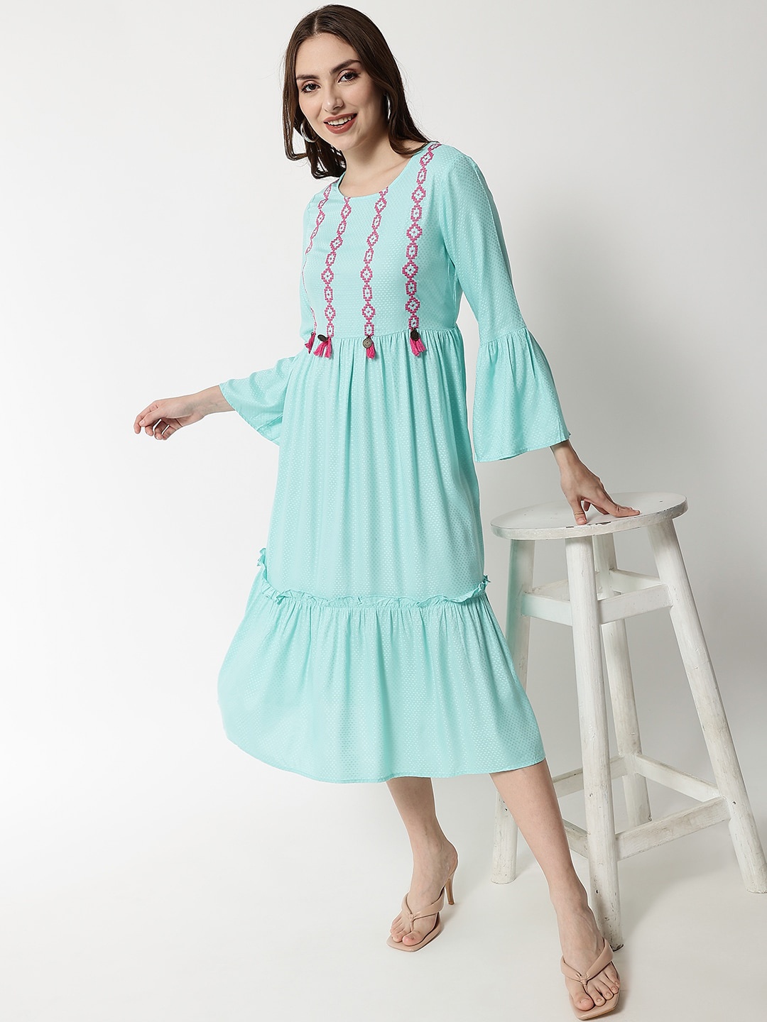 

HERE&NOW Embroidered Flared Bell Sleeves Viscose Dobby Midi Dress, Turquoise blue