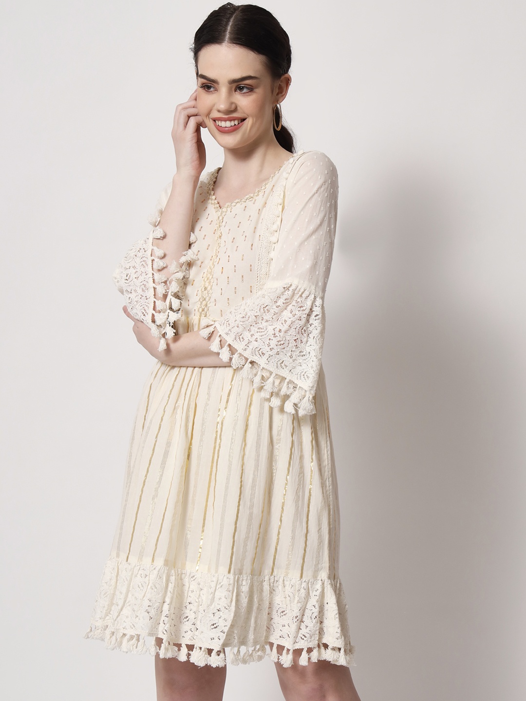 

HERE&NOW Women Off White Embellished Cotton Ethnic Dress