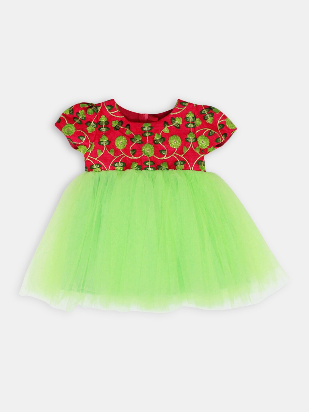 

Hopscotch Girls Green & Red Floral Embroidered Cotton Dress