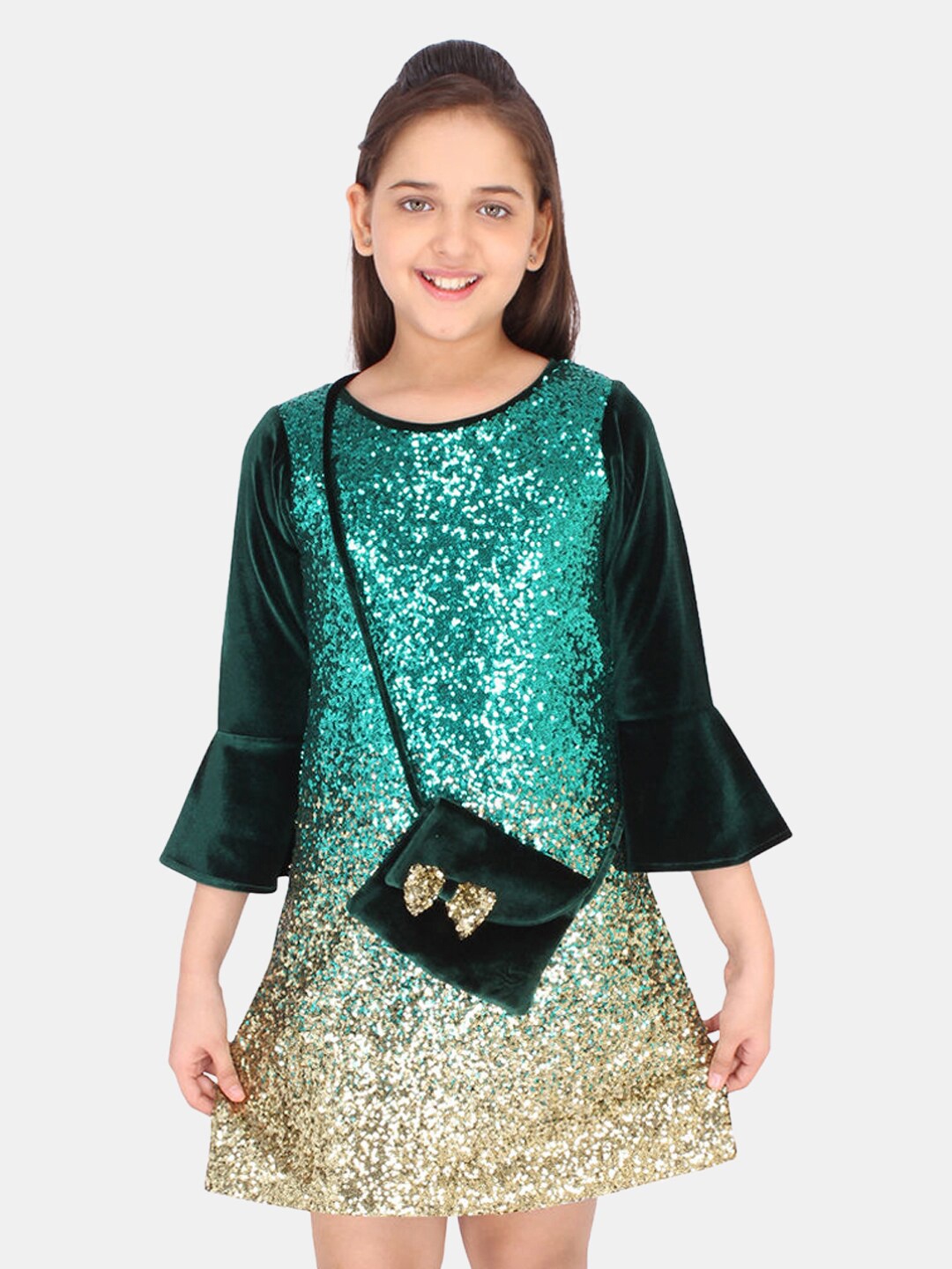 

Hopscotch Green & Gold-Toned Embellished A-Line Dress