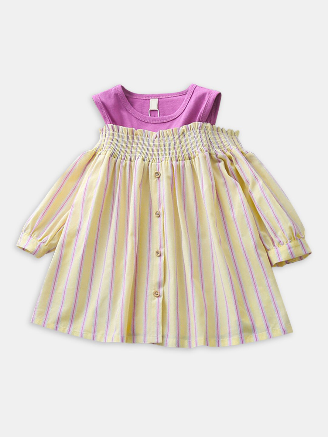 

Hopscotch Girls Beige & Purple Striped A-Line Cotton Dress