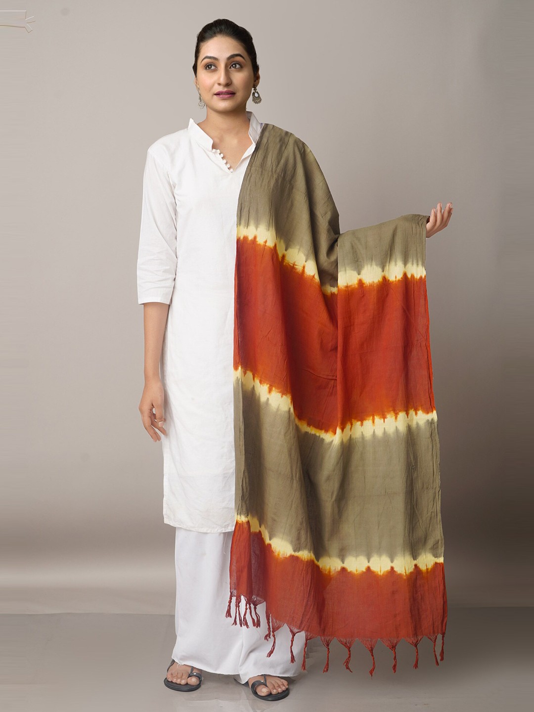 

Unnati Silks Brown & Cream-Coloured Printed Pure Cotton Shibori Dupatta