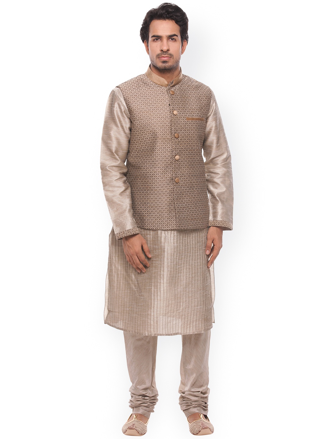

Manu Men Grey Self-Striped Kurta with Churidar & Jacket