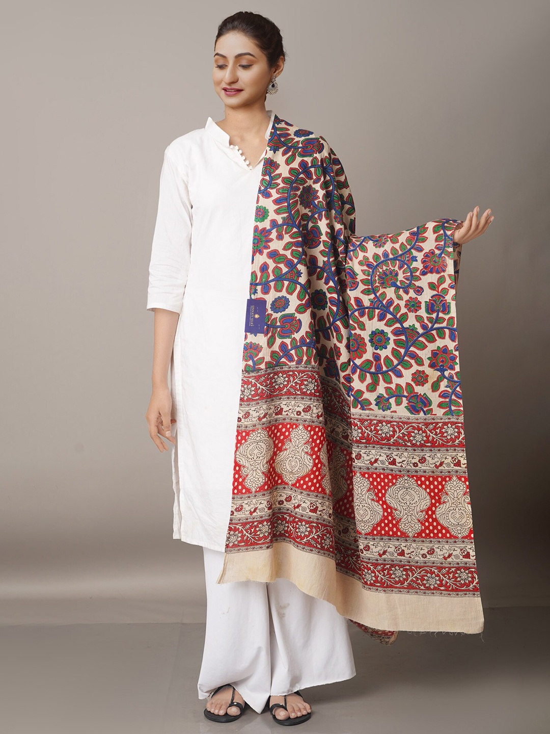 

Unnati Silks Beige & Green Printed Pure Cotton Kalamkari Dupatta
