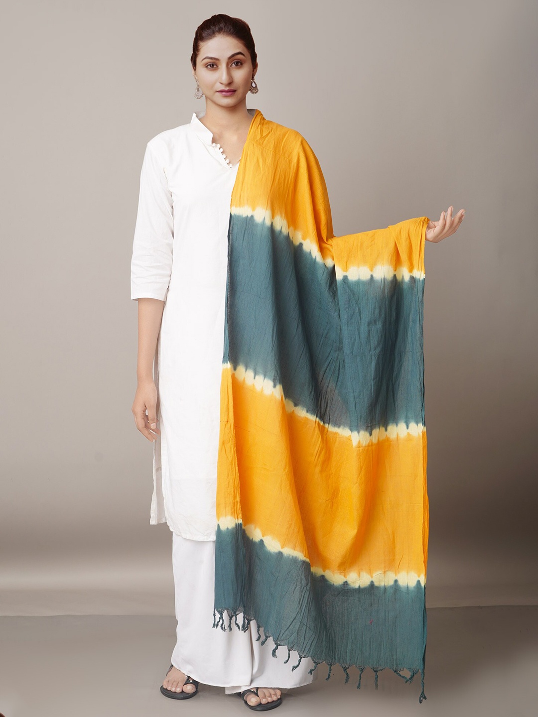 

Unnati Silks Green & Mustard Yellow Striped Pure Cotton Shibori Dupatta