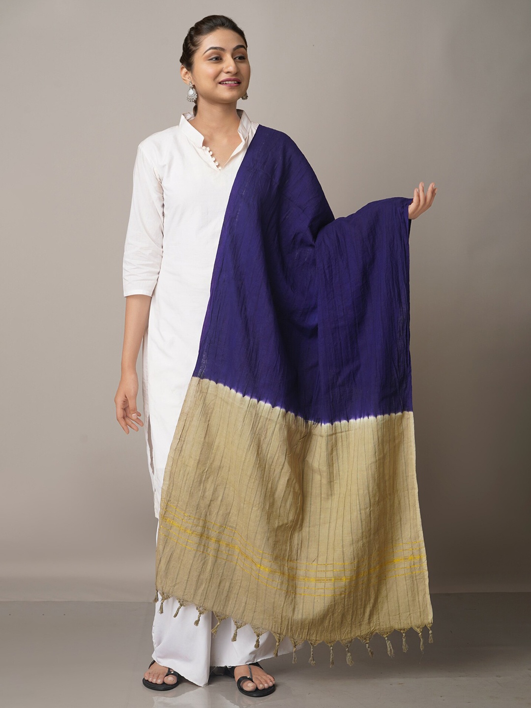 

Unnati Silks Women Navy Blue & Beige Colourblocked Pure Cotton Shibori Dupatta