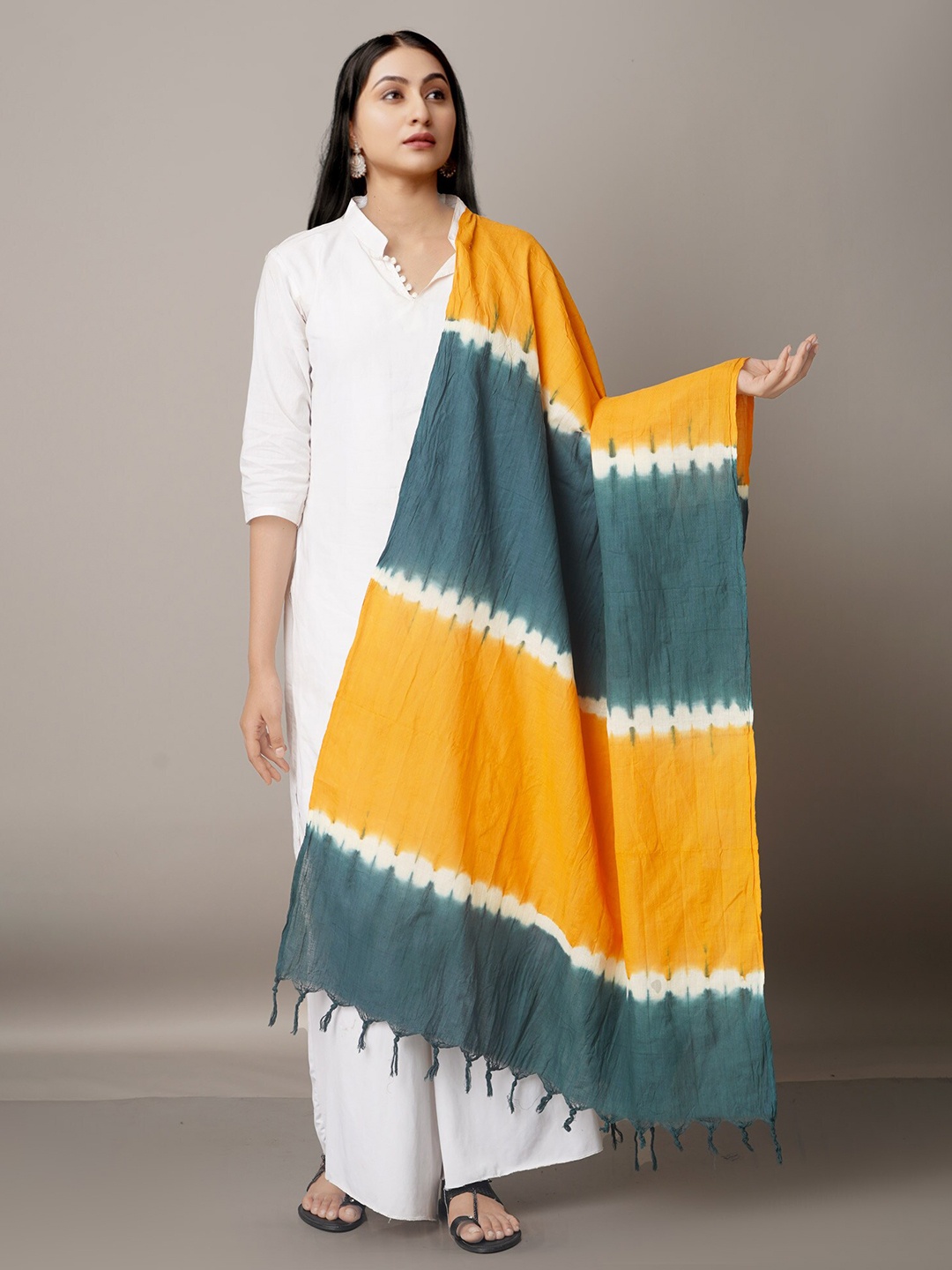 

Unnati Silks Women Yellow & Blue Striped Pure Cotton Shibori Dupatta