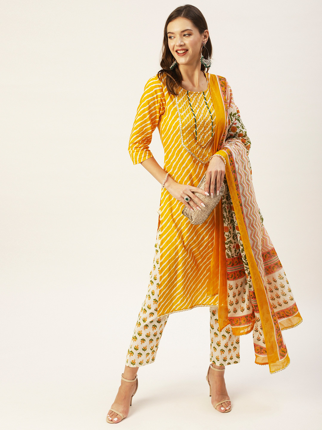 

Ishin Women Mustard Yellow Leheriya Printed Pure Cotton Kurta with Trousers & Dupatta