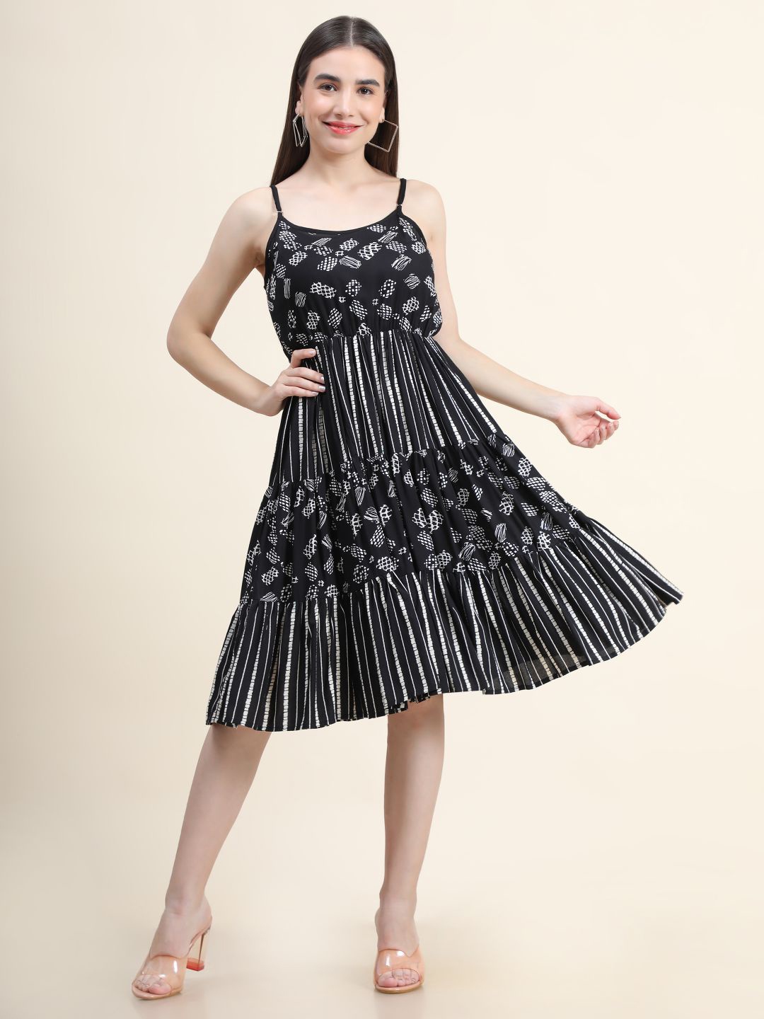 

DAEVISH Women Black & White Printed Shoulder Straps Layered Fit and Flare Dress