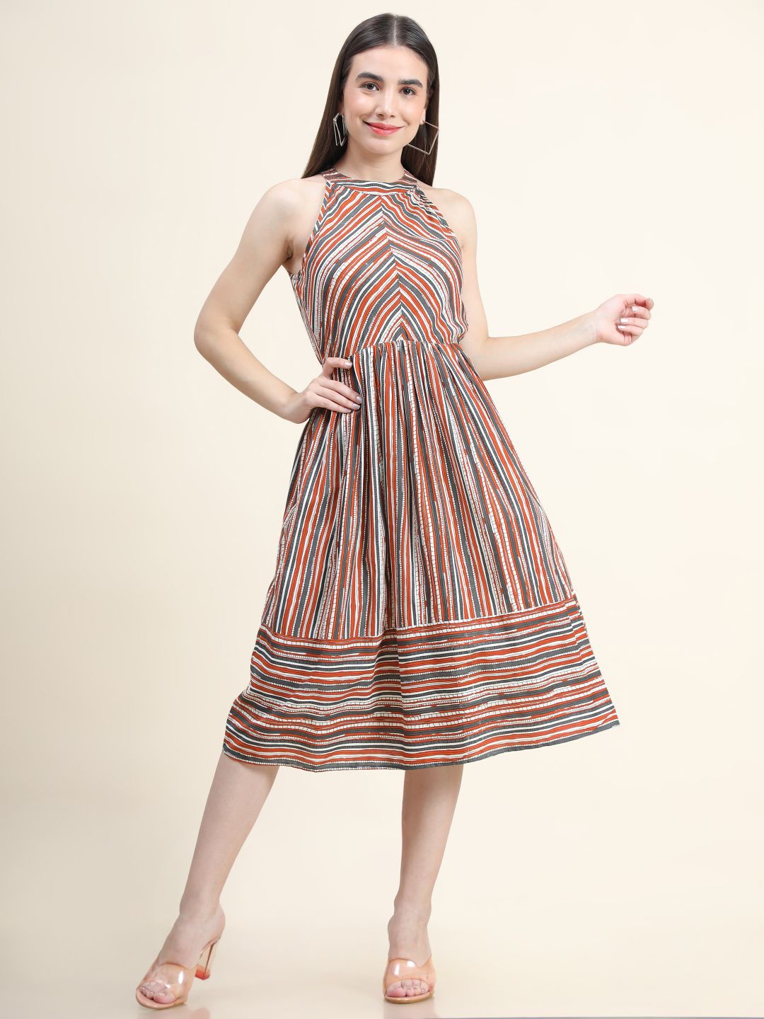 

DAEVISH Women Cream & Red Striped Layered A-Line Midi Dress