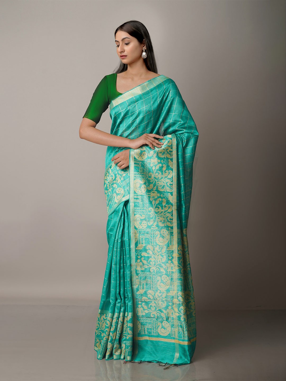 

Unnati Silks Green & Beige Woven Design Zari Silk Blend Jamdani Saree