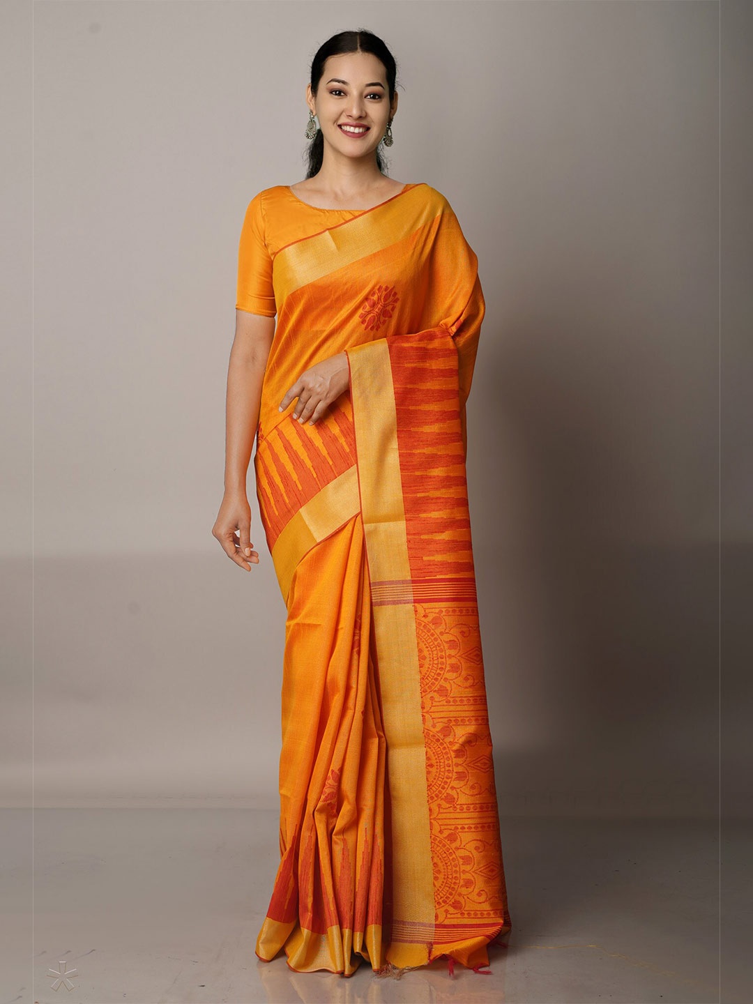 

Unnati Silks Yellow & Orange Woven Design Zari Silk Blend Jamdani Saree
